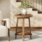 Solid Wood Side Table for Living Room, Small Round End Table with 2-Tier Storage, Farmhouse Wooden Circle Bedside Nightstand for Small Spaces, Bedroom, Brown