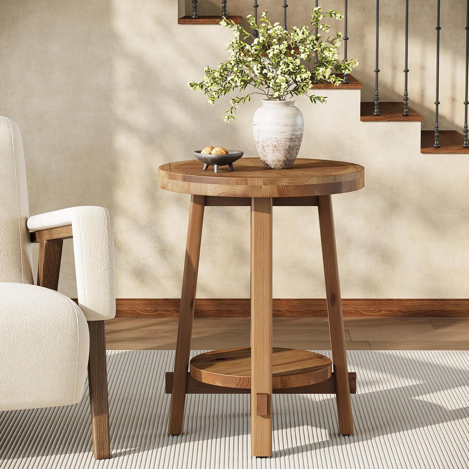 Solid Wood Side Table for Living Room, Small Round End Table with 2-Tier Storage, Farmhouse Wooden Circle Bedside Nightstand for Small Spaces, Bedroom, Brown