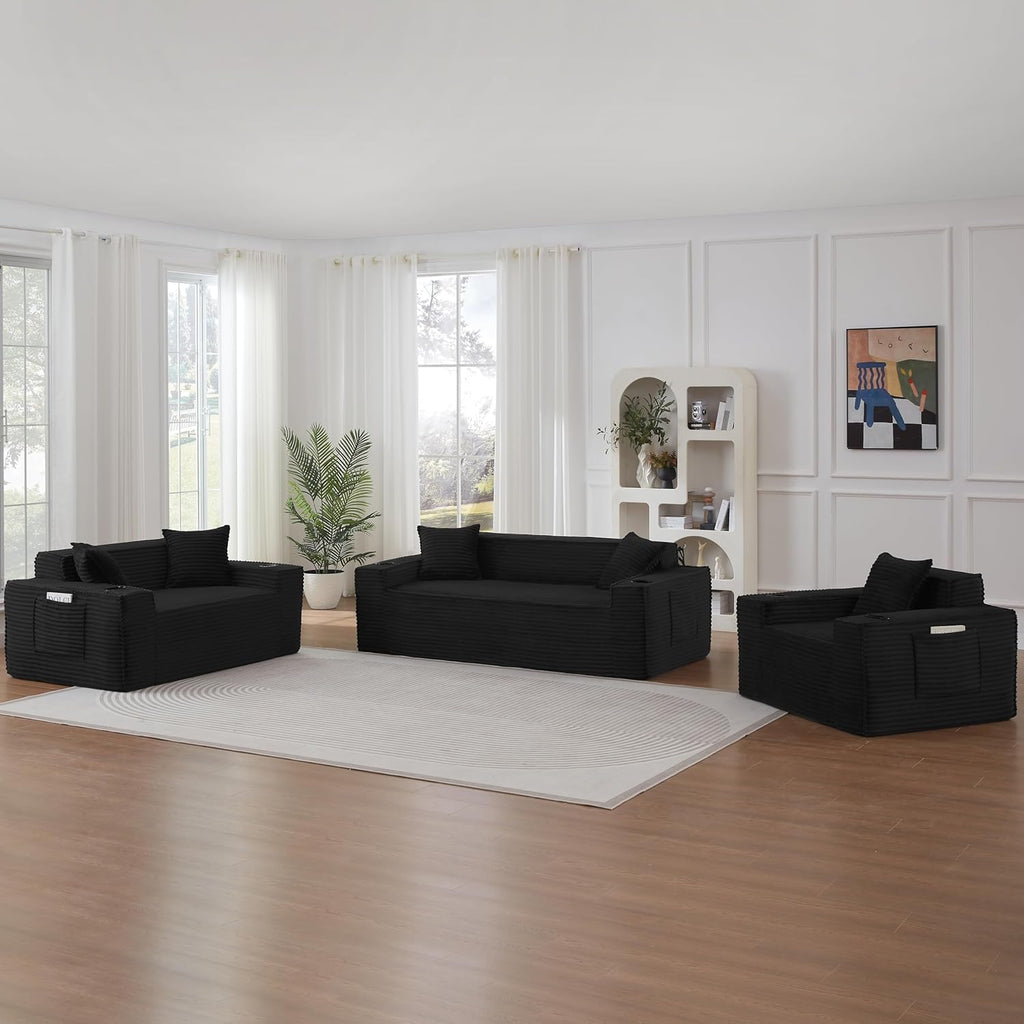 Boneless Sectional Sofa 3 Piece Set with Cup Holders & Side Pockets, Modern Corduroy Fabric Deep Seat Cloud Couch Living Room, Office, No Assembly (Black)