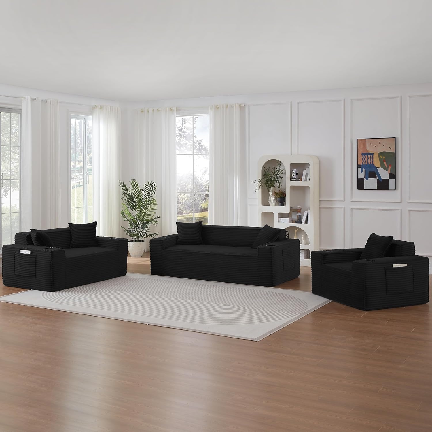 Boneless Sectional Sofa 3 Piece Set with Cup Holders & Side Pockets, Modern Corduroy Fabric Deep Seat Cloud Couch Living Room, Office, No Assembly (Black)