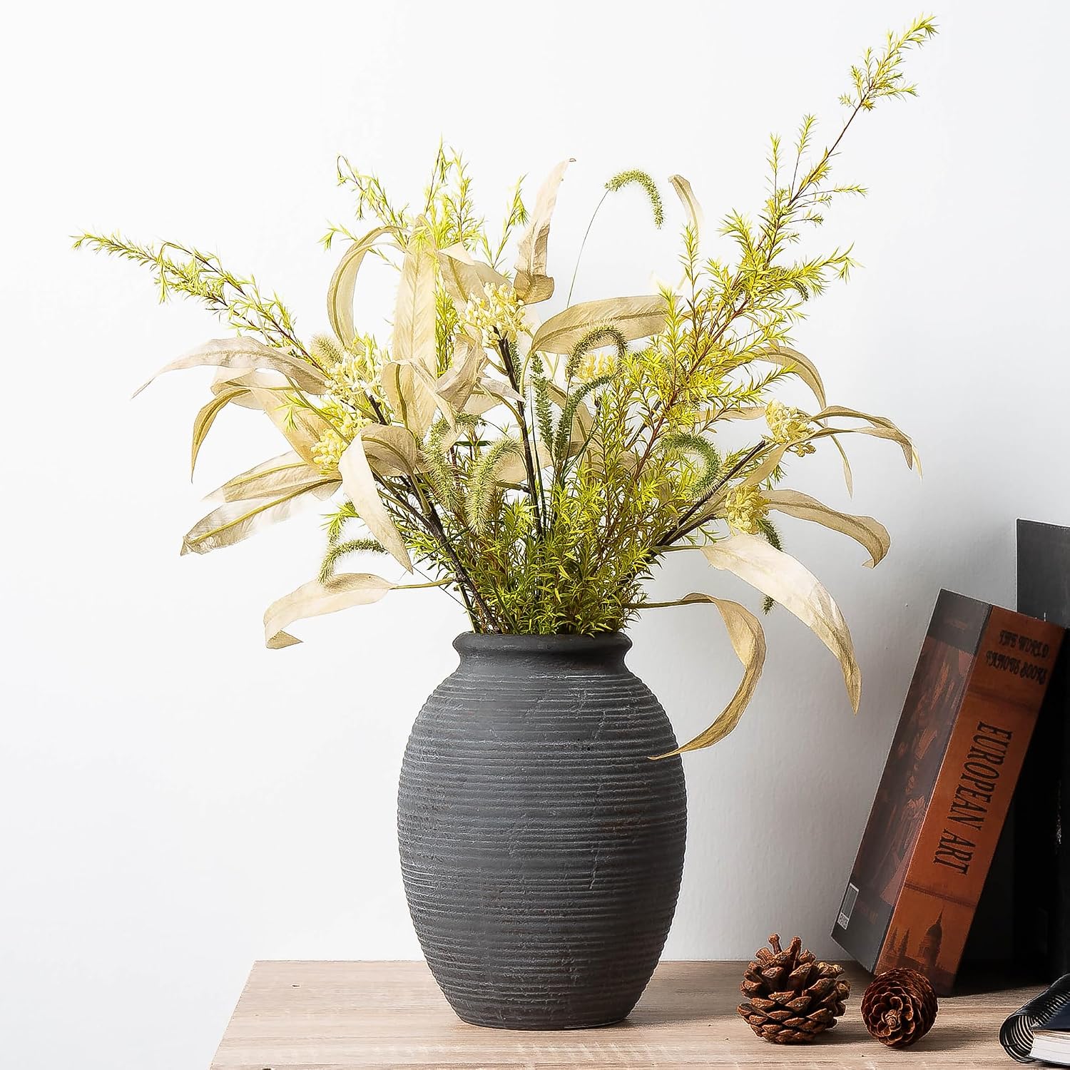 8 Inch Ceramic Black Vase -Rustic Flower Decorative Vases for Home Decor- Vintage Pottery VaseTerracotta Vase for Christmas, Farmhouse House Shelf Decor Farmhouse Table, Lyeec