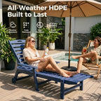 78" HDPE Chaise Lounge Chairs Set of 2, 6-Position Adjustable Poolside Recliner with Foldable Side Tray, Built-in Wheels, All Weather Waterproof Outdoor Patio Lounge Chair for Pool Deck Backyard, Navy