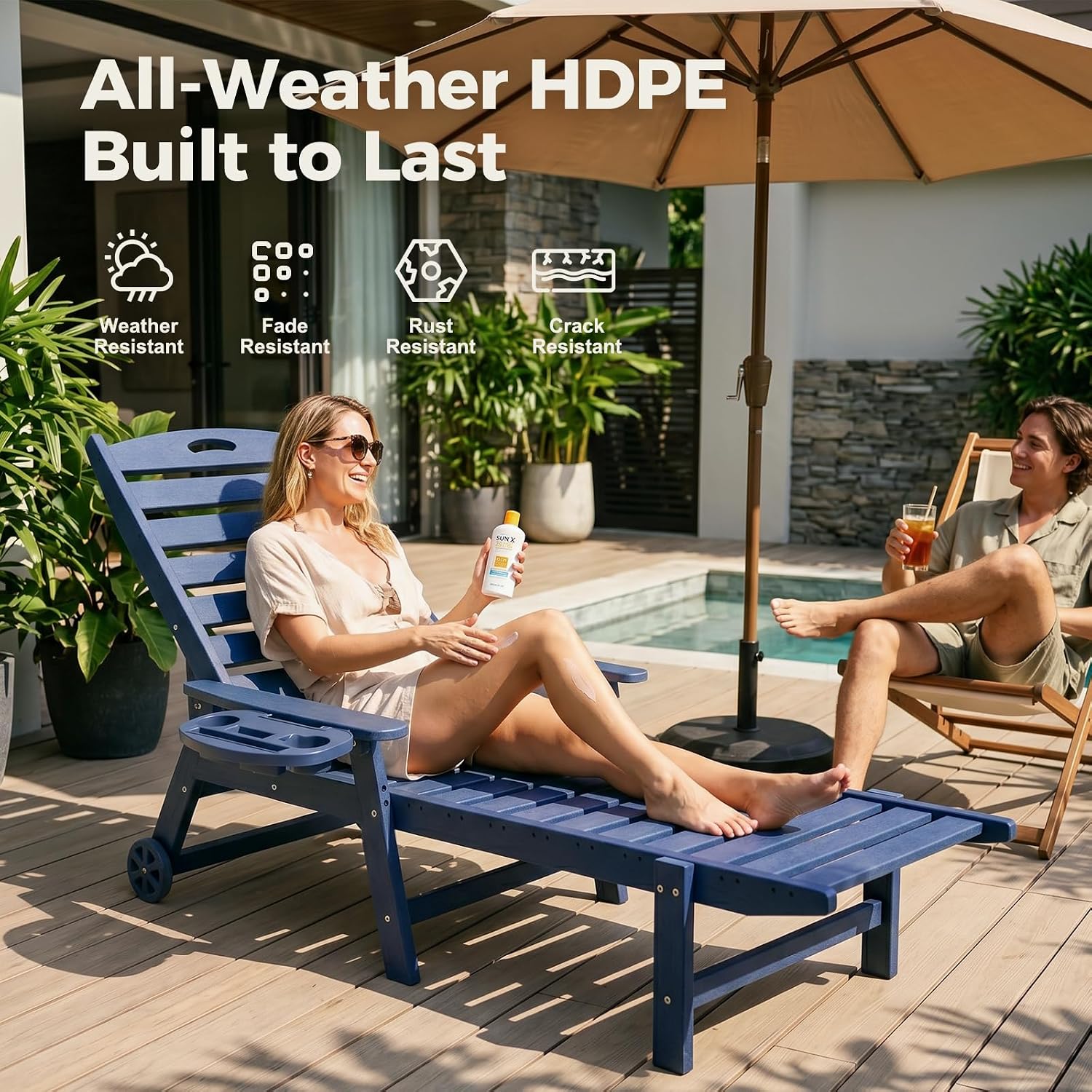 78" HDPE Chaise Lounge Chairs Set of 2, 6-Position Adjustable Poolside Recliner with Foldable Side Tray, Built-in Wheels, All Weather Waterproof Outdoor Patio Lounge Chair for Pool Deck Backyard, Navy