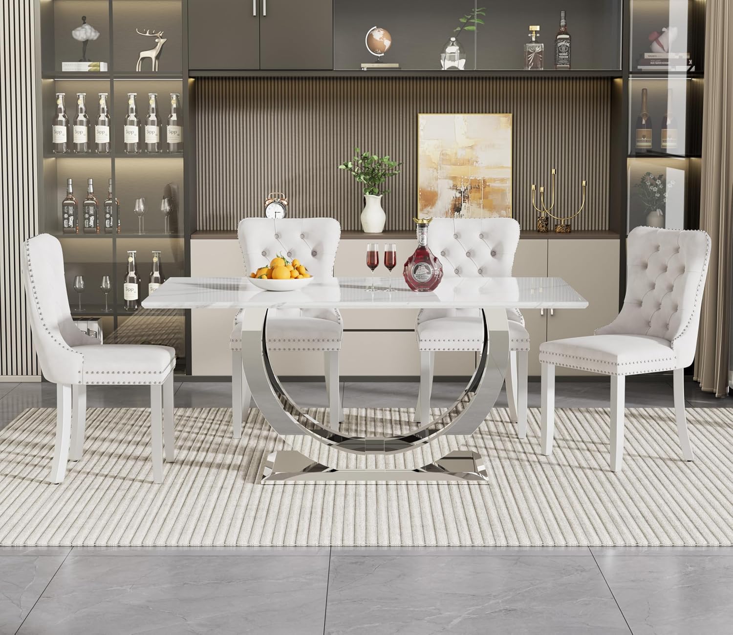 SSLine Modern White Marble Dining Table Set for 4,Luxury 69" Faux Marble Kitchen Table with Velvet Tufted Chairs for 4,5-Piece Dining Room Table Set with Silver Stainless Steel U-Shape Base