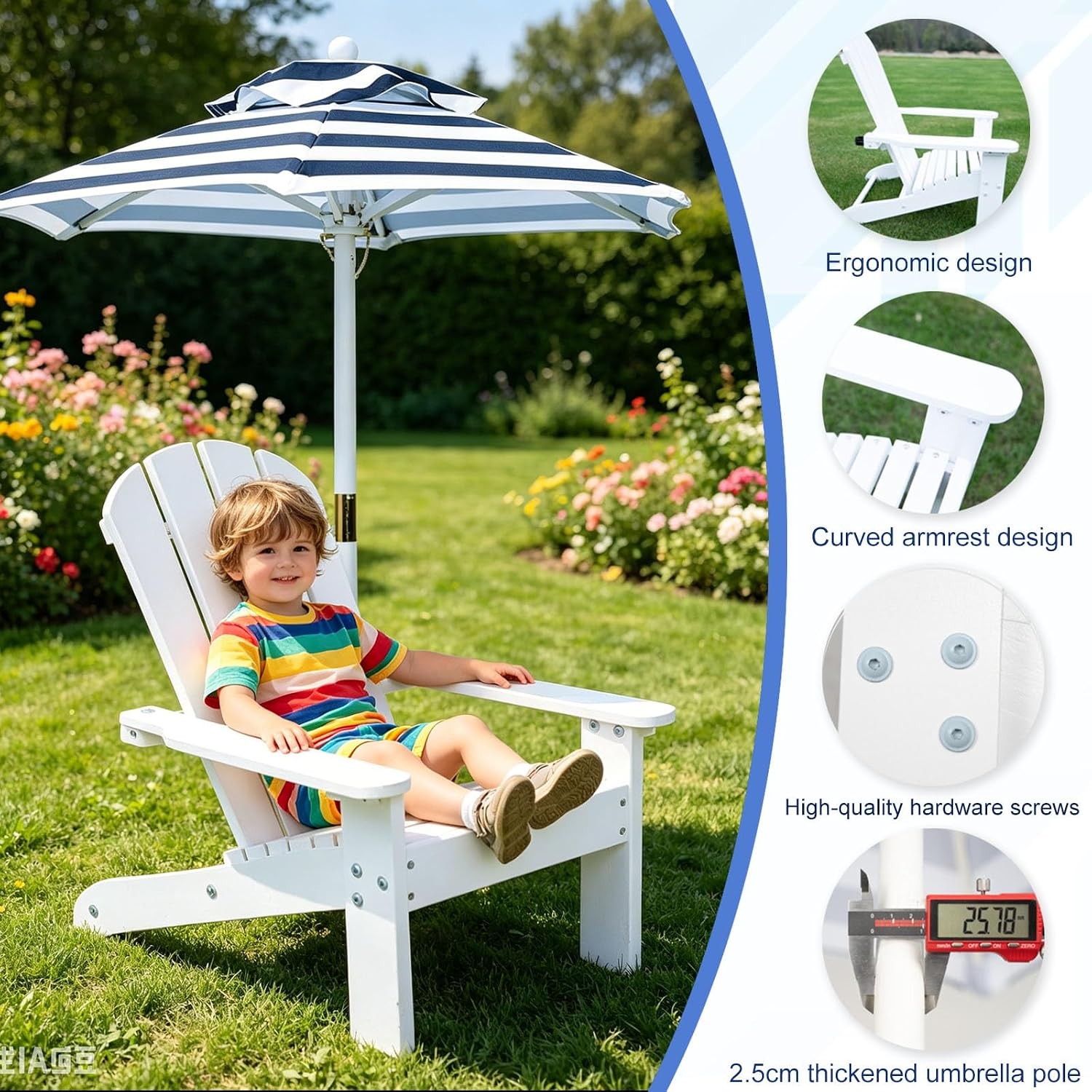 Kids Lounge Chair Outdoor, Toddler Wood Pool Lounger Chairs w/Canopy, Weather Resistant Outdoor Patio Lounge Chair for Beach, Backyard, Lawn(Green)