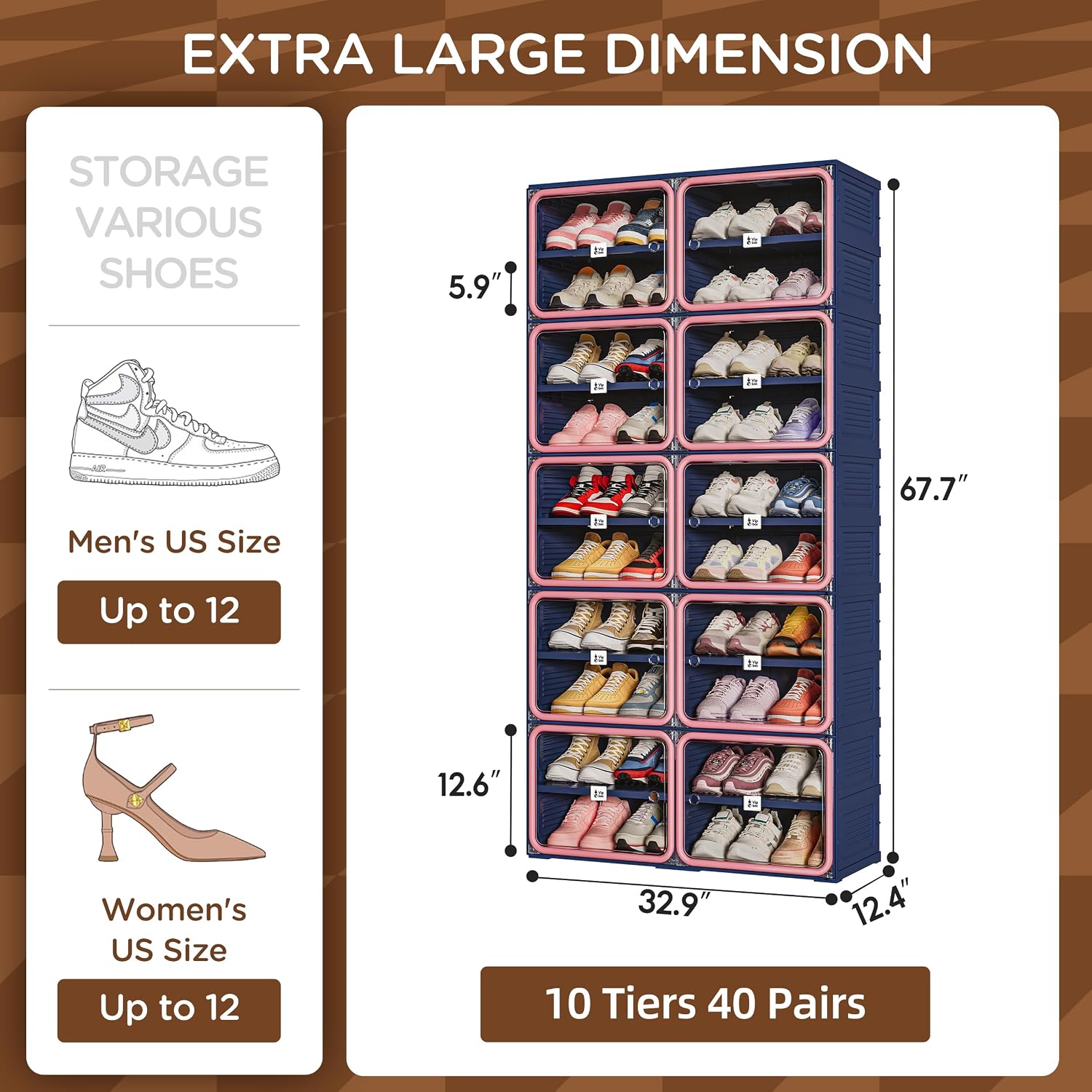 Vipbox Foldable Shoe Rack Organizer with 10-Tier Storage, Easy No-Tool Assembly Shoe Cabinet with Magnetic Clear Doors, Large Capacity 40 Pairs Collapsible Shoe Storage for Entryway, Bedroom， Hot Pink