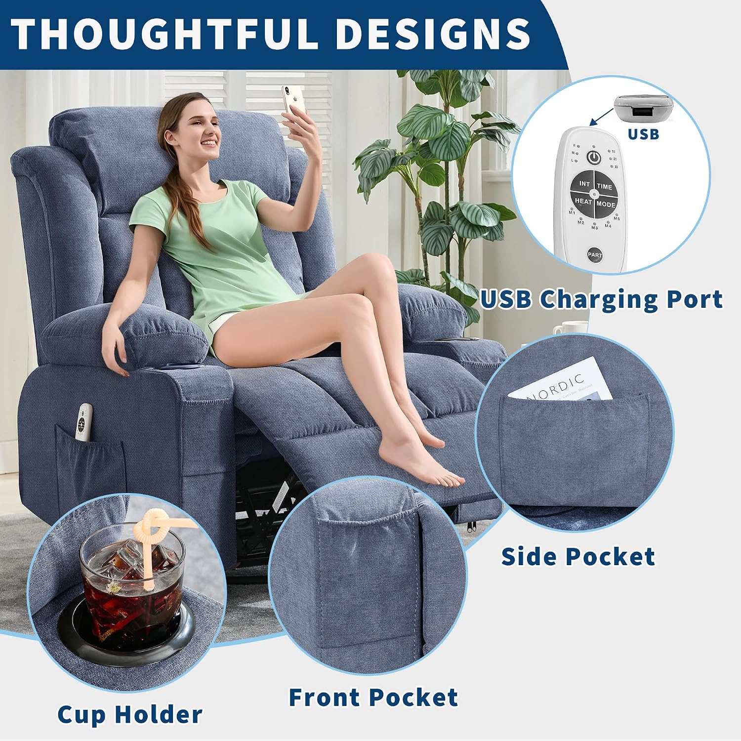 GarveeLife Rocking Recliner Chair for Nursery Glider Recliner with Cup Holder Swivel Rocker with Upholstered Deep Seat Comfy Single Sofa for Living Room Blue