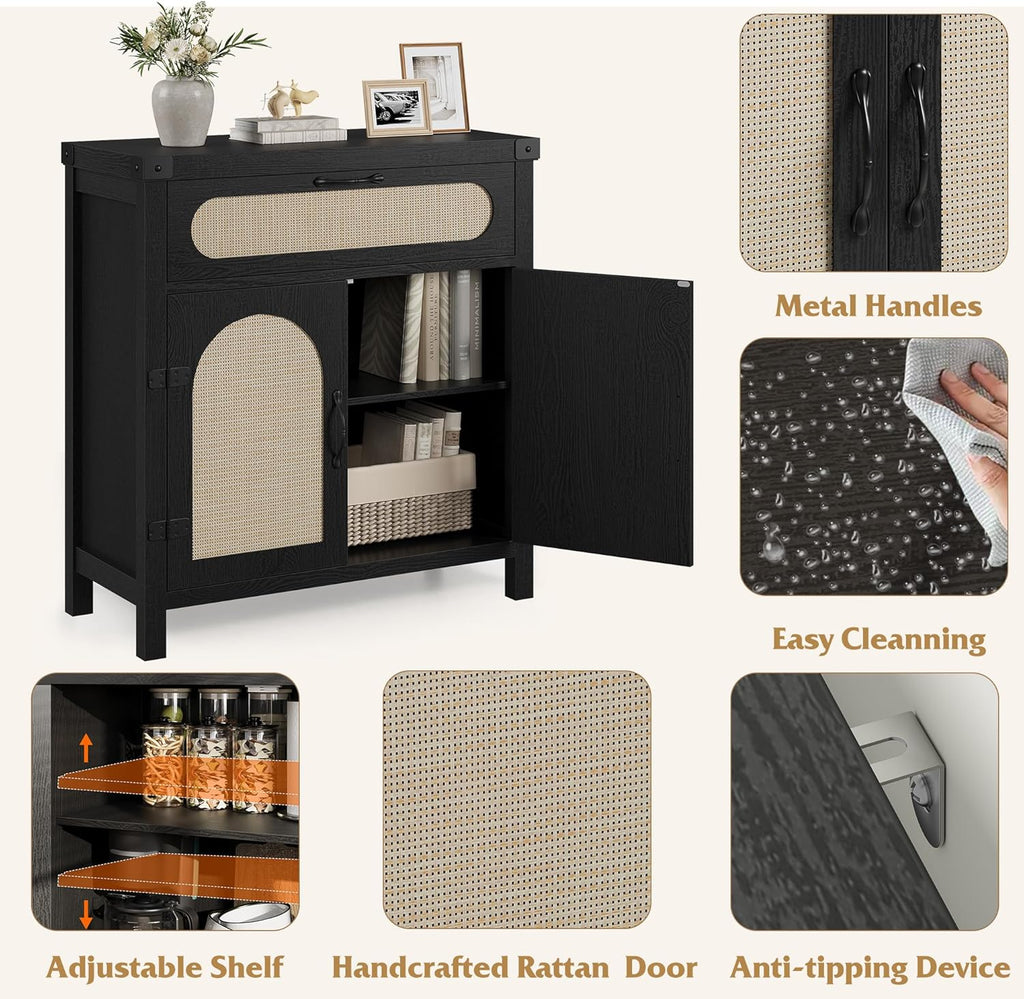 GarveeHome Rattan Sideboard Buffet Cabinets with Storage, Farmhouse Kitchen Accent Storage Cabinet with Drawer, Boho Wooden Coffee Bar Cabinet for Dining Room, Living Room, Hallway, Black
