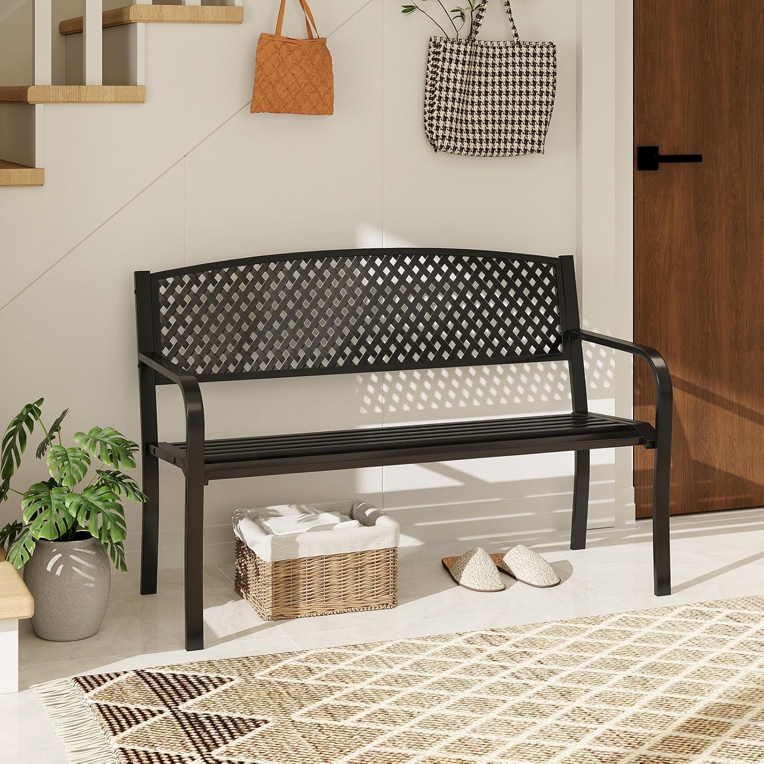 Giantex Metal Outdoor Bench with Mesh Pattern Backrest, Curved Armrests, Load 660Lbs, Slatted Seat for 2-3 Persons, Heavy-Duty Garden Bench for Patio, Backyard, Poolside, Porch, Park (50"×24"×33.5")