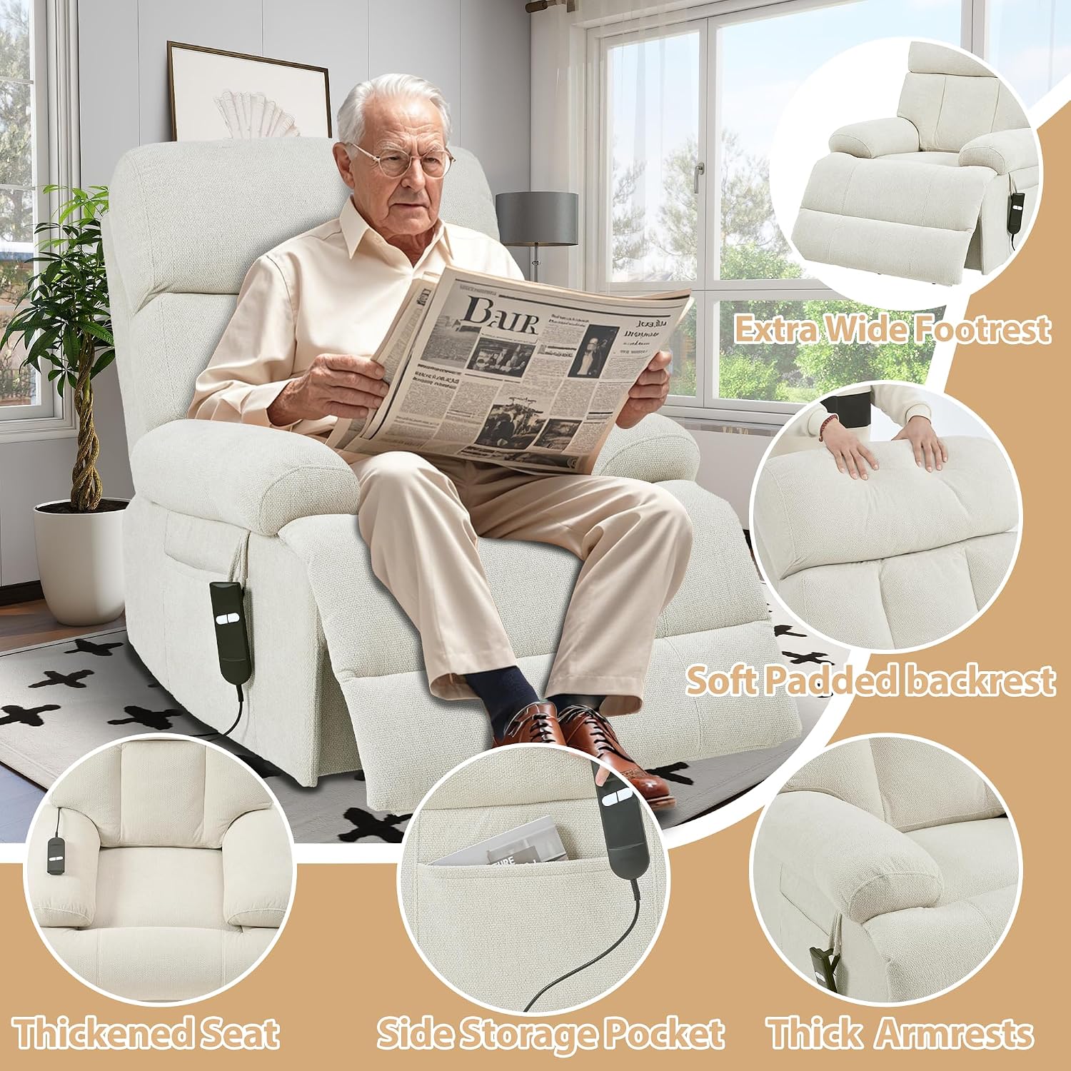 Electric Power Lift Recliner Chair for Elderly and Seniors,Oversized Recliner with Remote Control, Side Pocket, Spacious Seat, Perfect Home Theater Recliner Chair (Light Gray)
