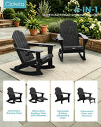 Ciokea Folding Adirondack Rocking Chairs Set of 2 with Retractable Ottoman, 4-in-1 Outdoor Adjustable Adirondack Chair with Cup Holders, HDPE Rocker for Porch, Deck, Patio, Poolside (Black)