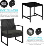 Yaheetech 3 Pieces Rattan Bistro Set, Indoor/Outdoor Wicker Patio Modern Conversation Furniture, 2 Chairs & Tempered Glass Coffee Table for Garden, Balcony, Backyard, Poolside, Black/Gray