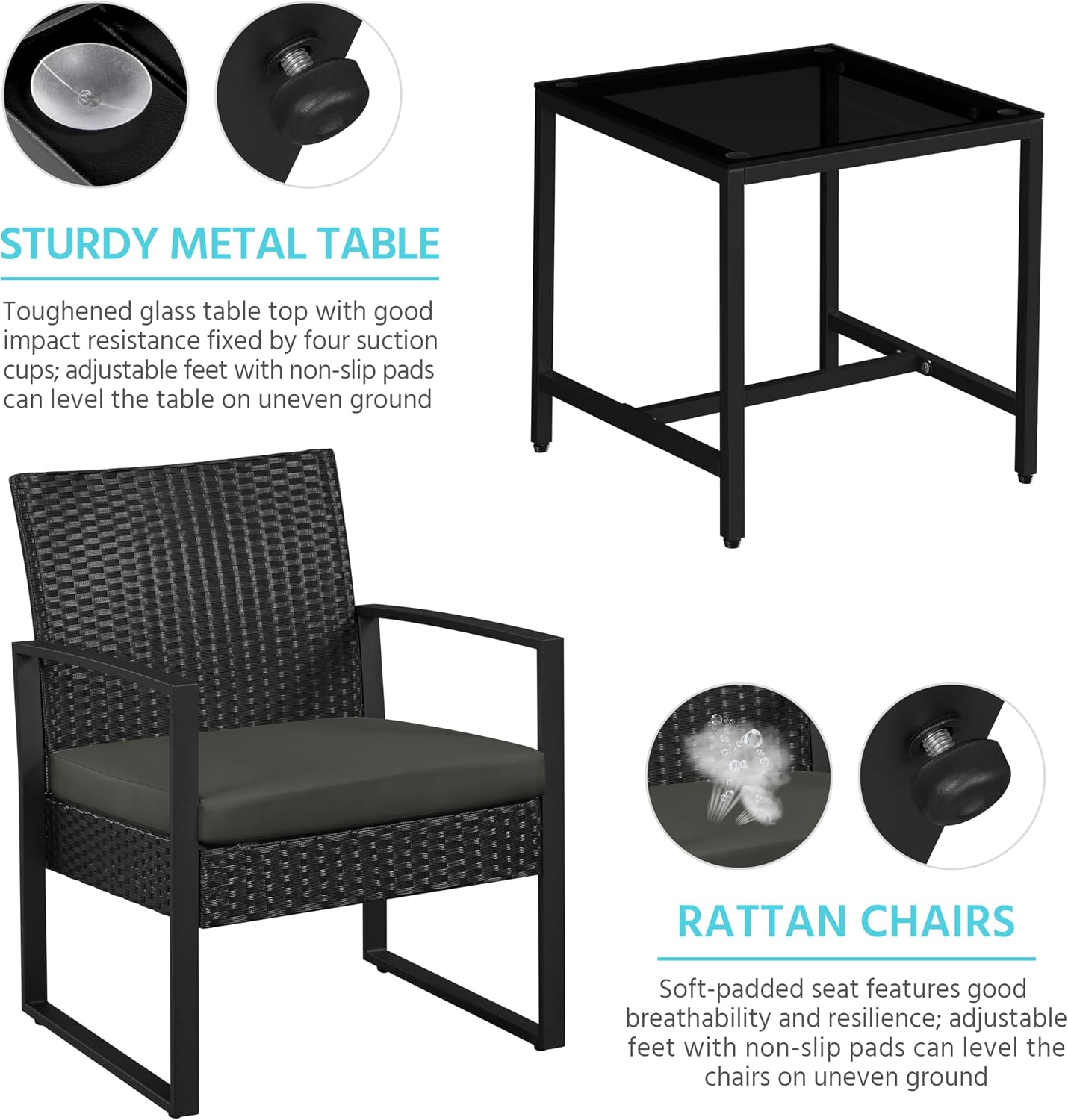 Yaheetech 3 Pieces Rattan Bistro Set, Indoor/Outdoor Wicker Patio Modern Conversation Furniture, 2 Chairs & Tempered Glass Coffee Table for Garden, Balcony, Backyard, Poolside, Black/Gray