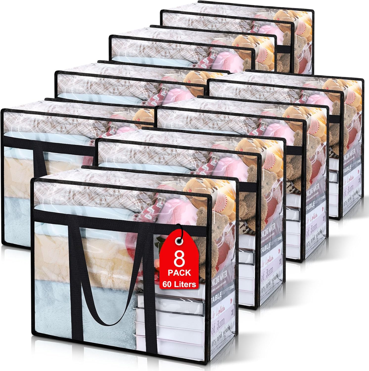 8Pack Clear Blanket Storage Bags, Vinyl Comforter Clothes Storage Closet Organizers and Storage Containers Moving Bags with Reinforced Handle for Bedding, Clothing, Comforters, Pillows, Toys,60L