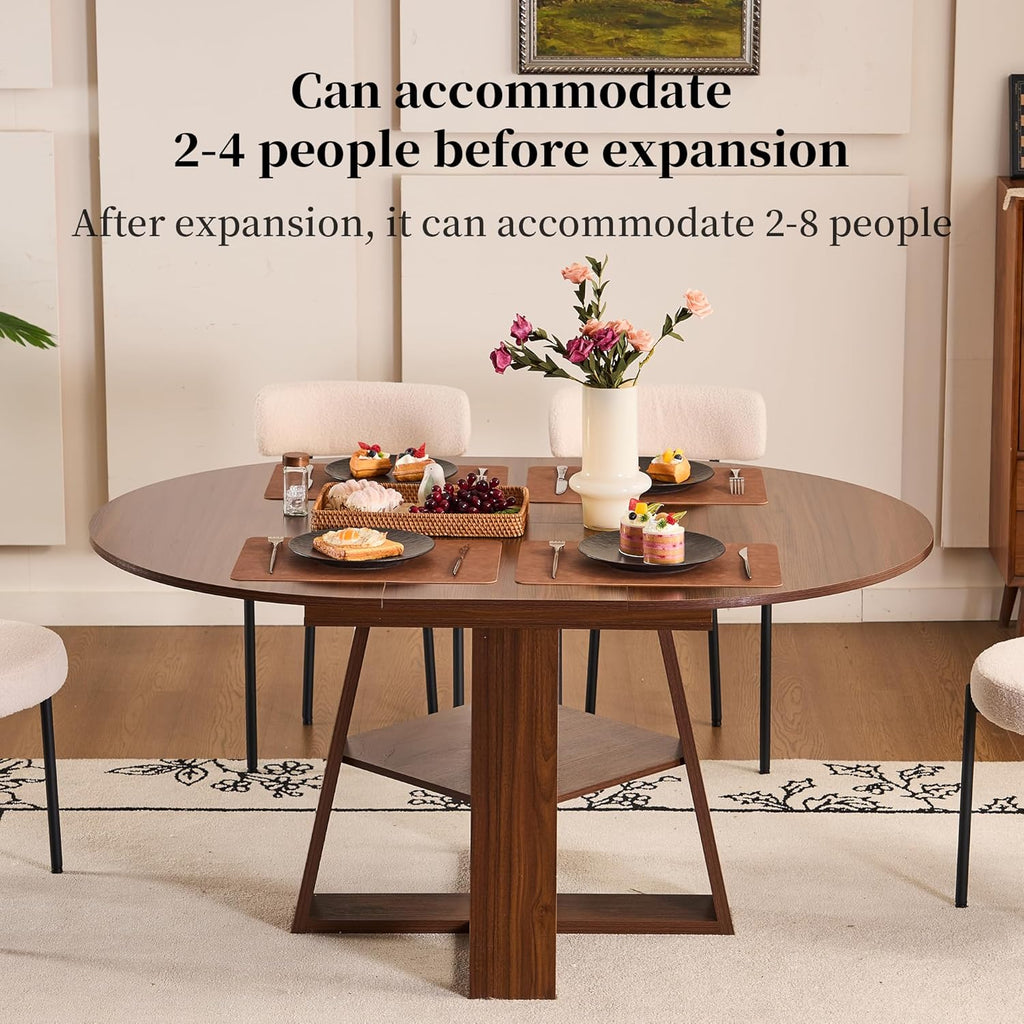 ClinQ 43.3-59in Extendable Round Room Dining Table for 4-6, Modern Kitchen Oval Dining Room Table, Removable Leaves Space Saving, Wooden Base Storage Shelf, Kitchen, Living Room, Dining Room, LWalnut