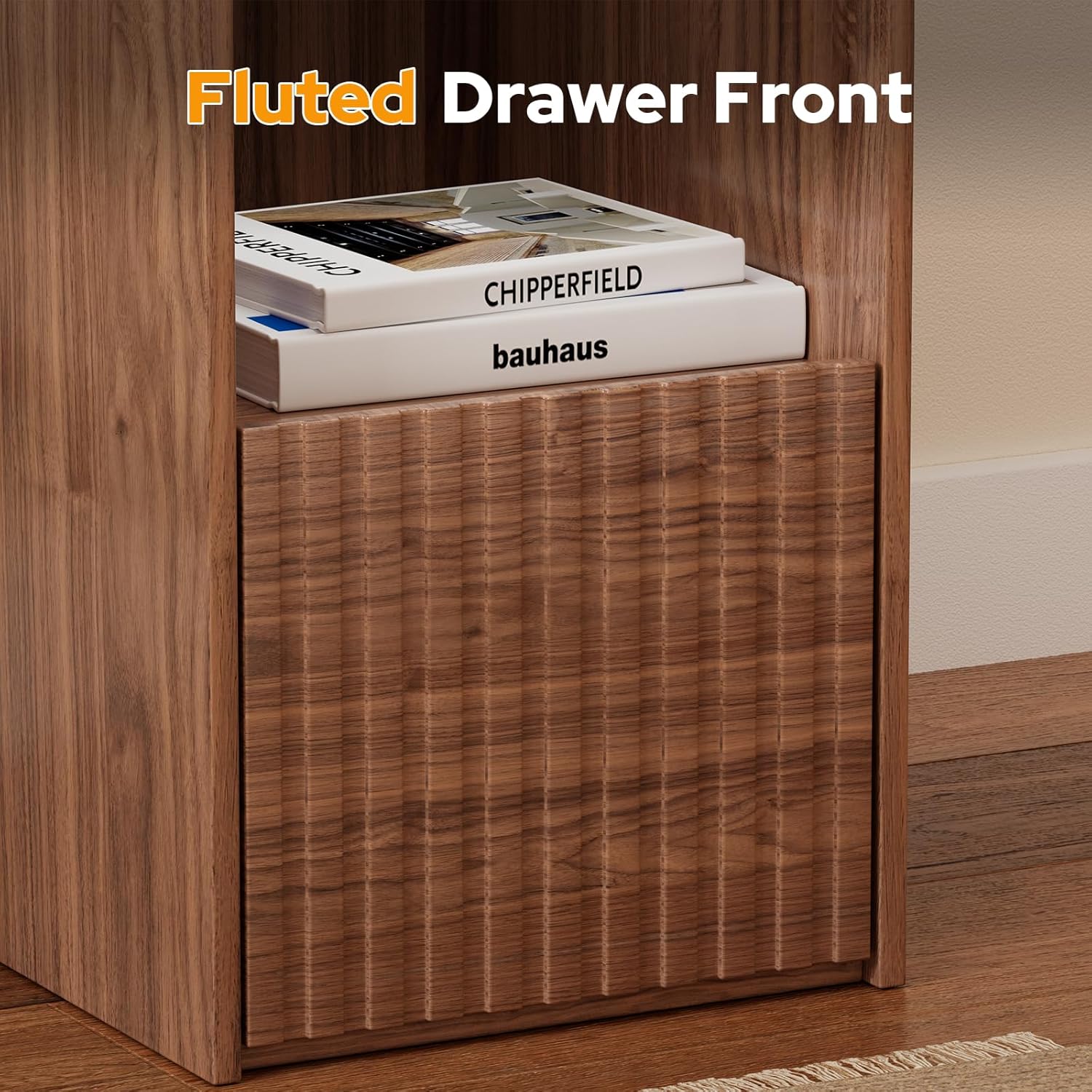 Eongdon Fluted Nightstand Set of 2, Mid Century Modern End Table with 2 Drawers and Open Storage, 11.7" W Narrow Bedside Table Organizer, Wood-Like Walnut Finish Compact Night Stand for Bedroom, Sofa