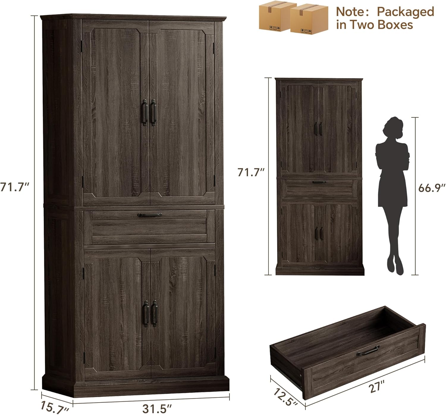 Ball & Cast Farmhouse Kitchen Pantry Cabinet, Brown, 71 Inch | Adjustable shelves, microwave shelf, wine rack & drawer storage