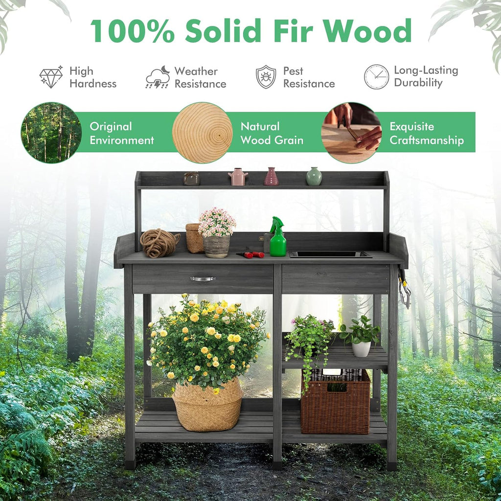 TANGZON Garden Potting Table, Wooden Potting Bench with Large Sink, Drawer, Open Shelves & 3 Hooks, Outdoor Gardening Flower Plant Workstation for Patio Balcony Yard Lawn (Grey)
