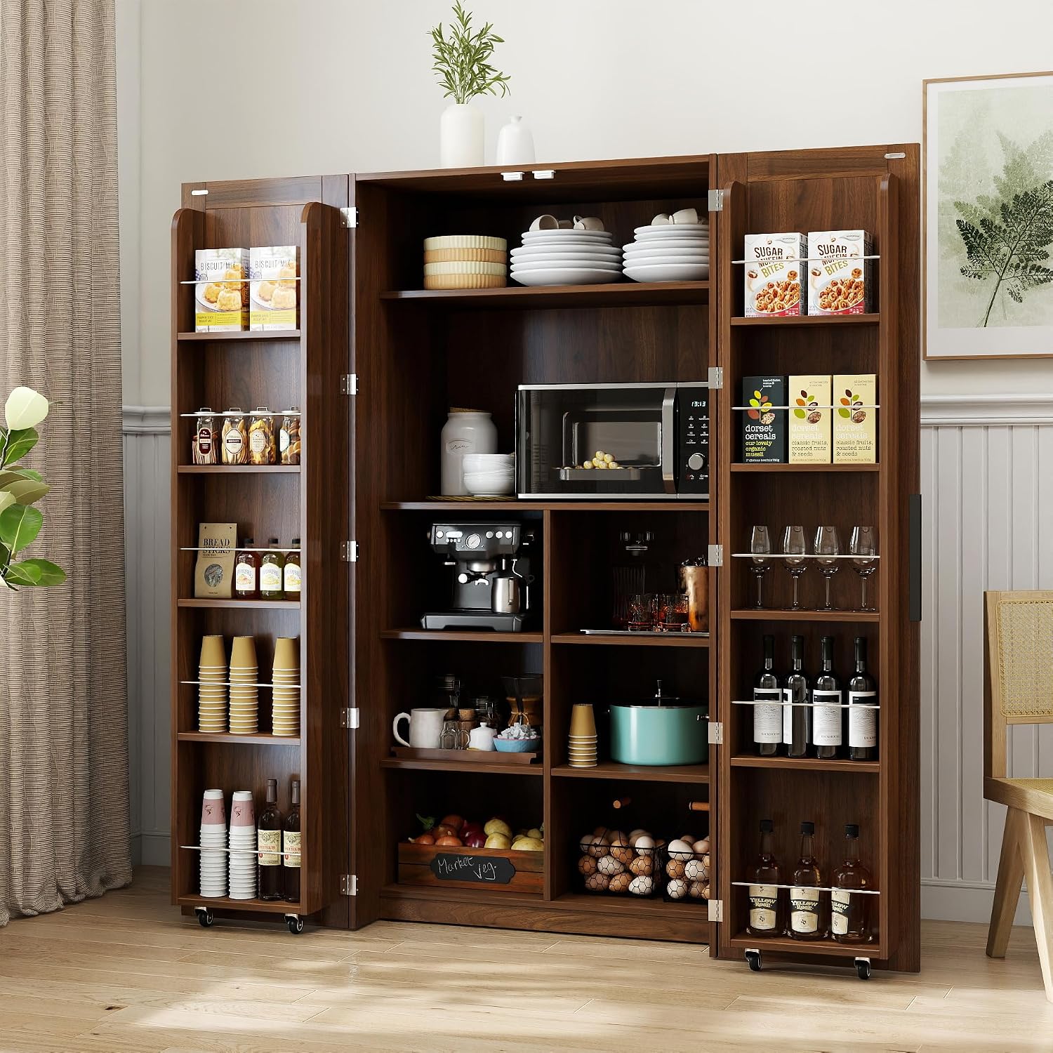 Farmhouse Kitchen Pantry Cabinet, 63" Tall Storage Cabinet with 2 Doors & Multi-Tier Shelves, Rustic Wood Cupboard for Kitchen, Dining Room, Walnut
