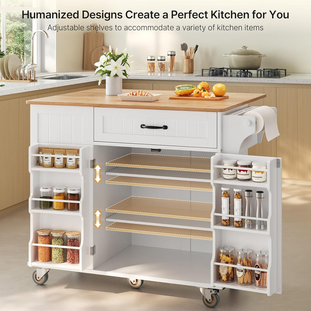 Ahomly Kitchen Island with Storage, 44.49" Kitchen Island with Trash Can Storage, Drop Leaf Rubberwood Top, Knife Holder, Adjustable Shelf, Towel Bar, Drawer, Spice Rack, White