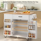 Ahomly Kitchen Island with Storage, 44.49" Kitchen Island with Trash Can Storage, Drop Leaf Rubberwood Top, Knife Holder, Adjustable Shelf, Towel Bar, Drawer, Spice Rack, White