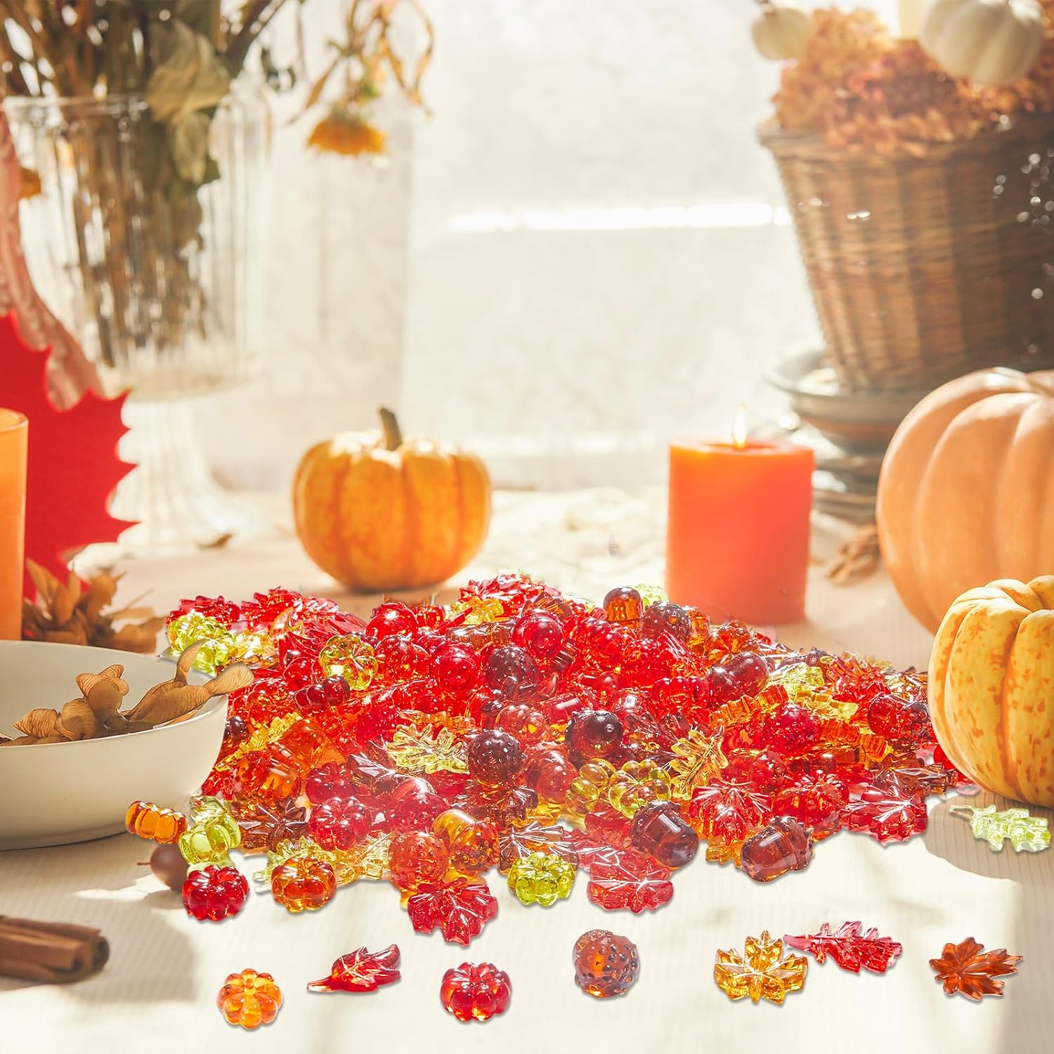 Deekin 240 Pcs Fall Vase Filler, Fall Leaves Pumpkin Marbles Gems Sensory Bin Table Scatter Vase Filler for Autumn DIY Crafts Thanksgiving Home Decorations