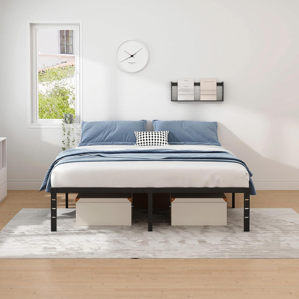 NEW JETO Metal Bed Frame,Queen Size Bed Frame with Storage Space,Heavy Duty Sturdy Mattress Foundation,Easy Assembly,No Box Spring Needed, Black,14 Inch,Queen