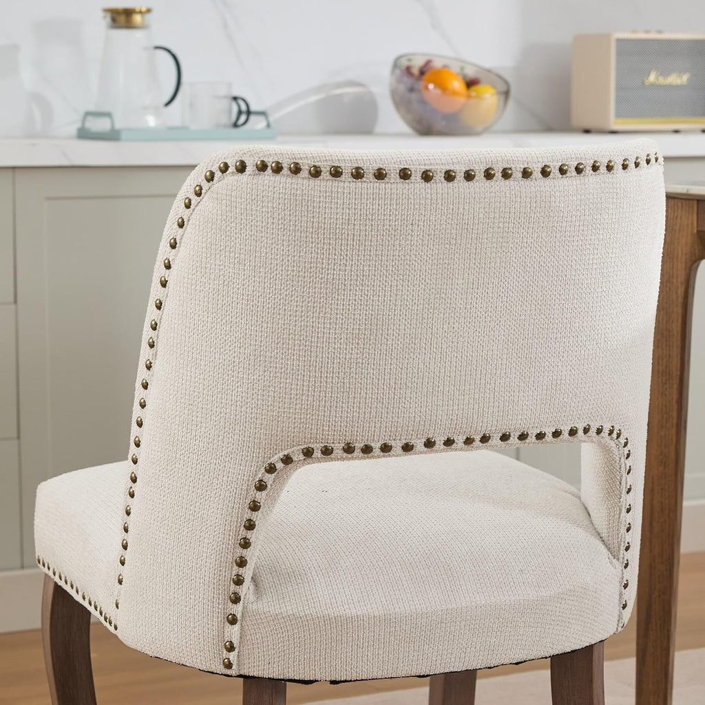 Mid Century Modern Dining Chairs Set of 2, Farmhouse Fabric Upholstered Accent Curved Backrest Kitchen Chairs Armchairs Side Chair with Solid Wood Legs, Beige