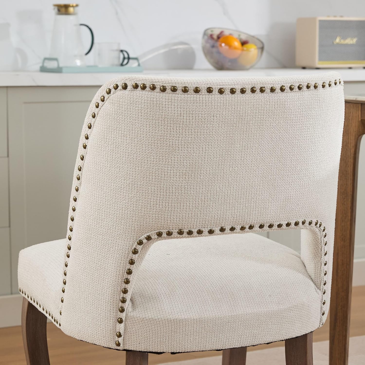 Mid Century Modern Dining Chairs Set of 2, Farmhouse Fabric Upholstered Accent Curved Backrest Kitchen Chairs Armchairs Side Chair with Solid Wood Legs, Beige