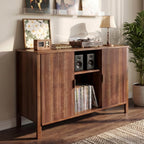 Record Player Stand with Vinyl Storage Cabinet, Turtable Stand Table with Charging Station, Side Table for Living Room, Holds Up to 350 Albums, Walnut, 47.3”x15.7”x31.1”H
