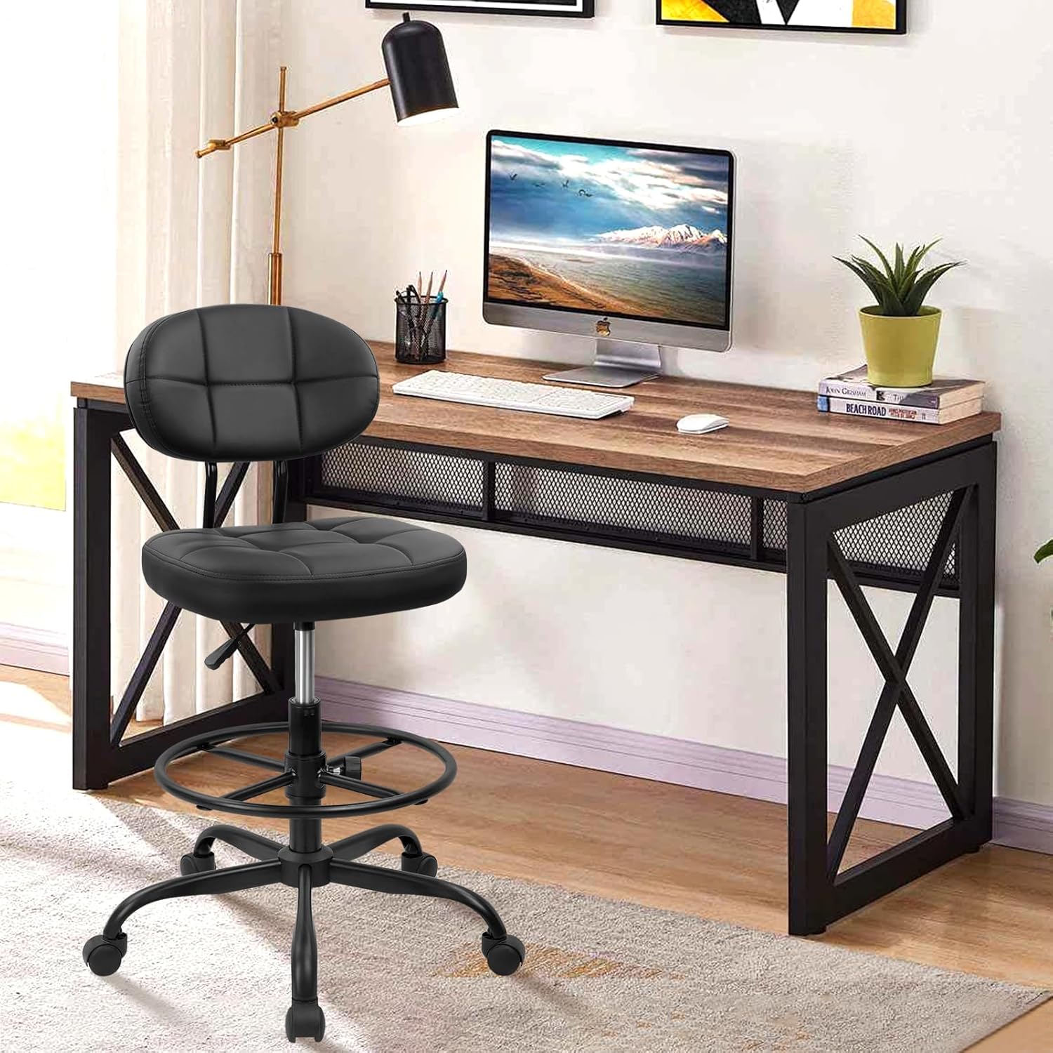 KLASIKA Drafting Stool with Backrest, Tall Adjustable Height Office Chair, PU Leather Swivel Rolling Stool with Footrest & Wheels for Standing Desk, Bar, Salon, Spa, Lab, Counter, Home, Black，1PK