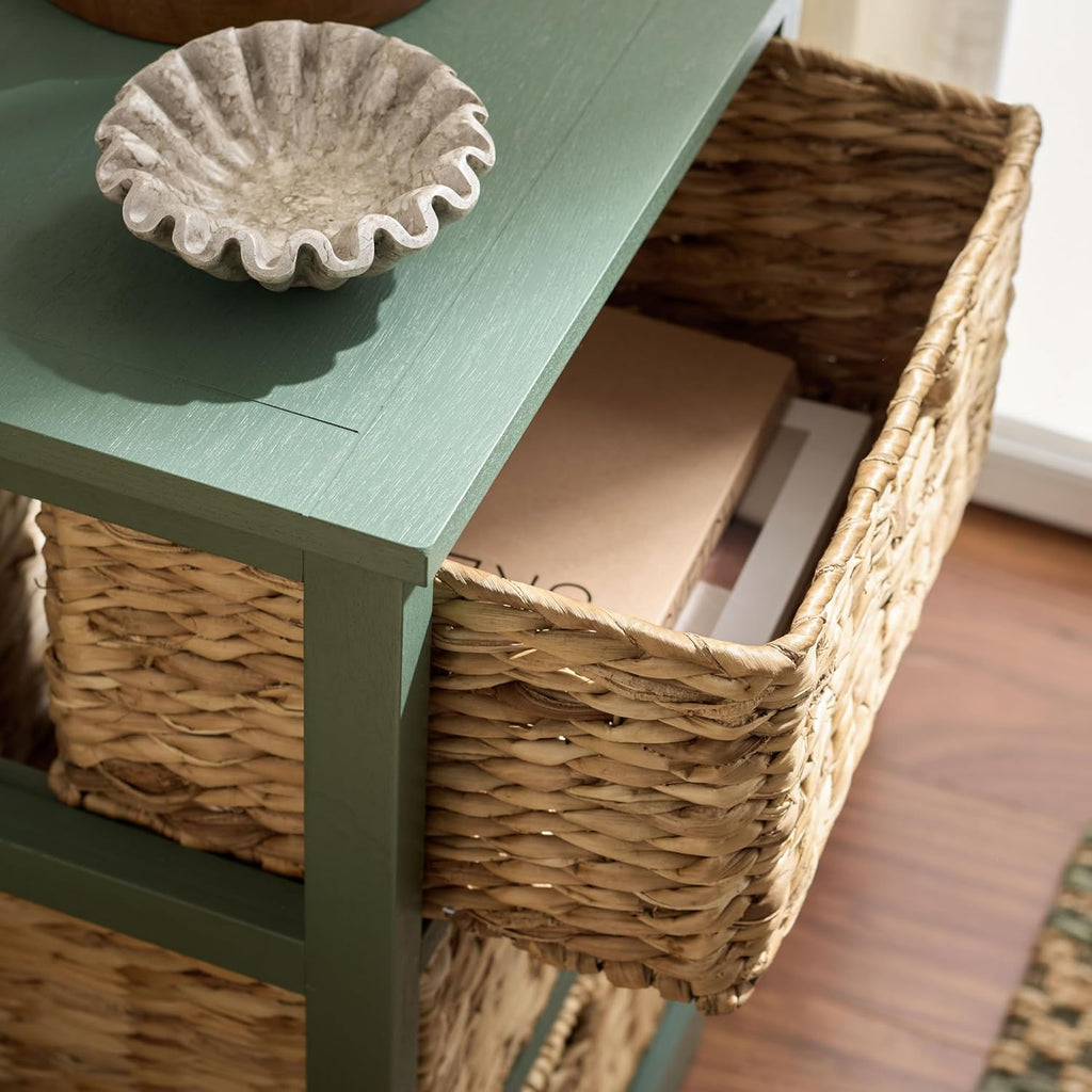 SAFAVIEH Furniture - Halle 3-Basket Side Table - Dusty Green - Solid Wood - Coastal Basket Storage Design - Ideal for Living Room, Entryway, 17.5" W x 13.5" D x 29.5" H - Fully Assembled (AMH5738J)