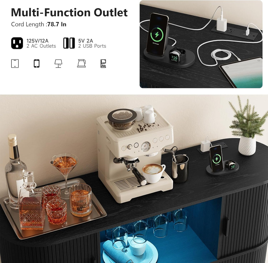 ONBRILL 55" Fluted Wine Bar Cabinet with LED Lights, Coffee Bar Cabinet with Power Outlet, Modern Liquor Whiskey Cabinets with Wine Rack and Glass Holder, Home Bar for Living Room Kitchen