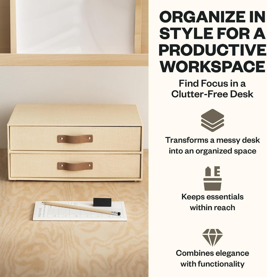 Bigso Birger 2 Drawers - Desktop Drawers for A4 and Letter Size Papers and Documents - Tabletop Drawers with Leather Handles - 13.1 in x 10 in x 5.7 in - Cream