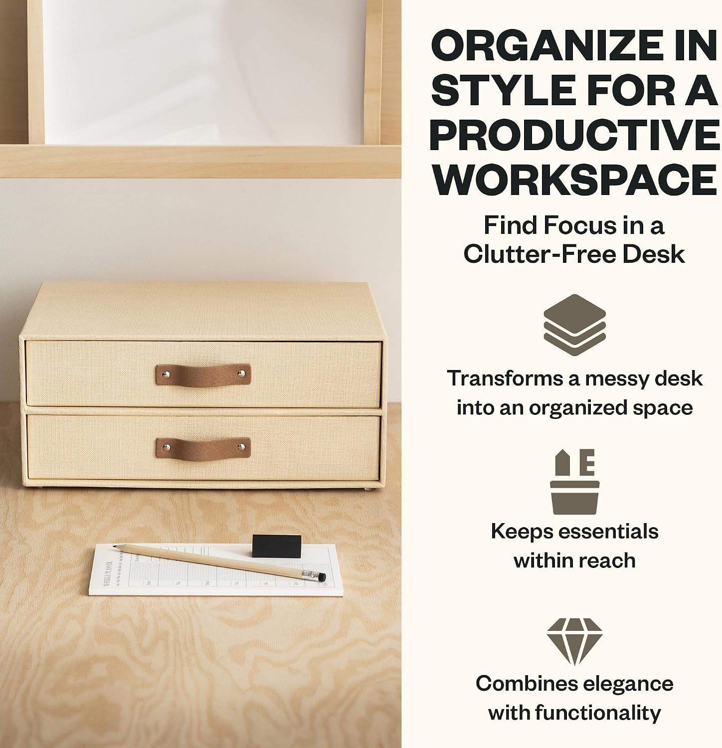Bigso Birger 2 Drawers - Desktop Drawers for A4 and Letter Size Papers and Documents - Tabletop Drawers with Leather Handles - 13.1 in x 10 in x 5.7 in - Cream