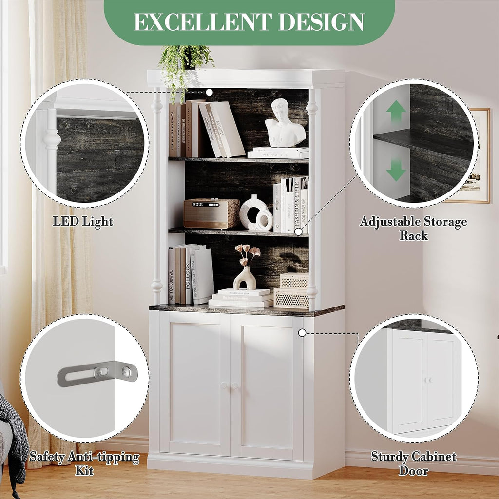71 Inch Tall Storage Cabinet with LED Lights, Freestanding Pantry Cabinet with Double Doors and Adjustable Shelves, Roman Column Bookcase for Kitchen Dining Room Living Room