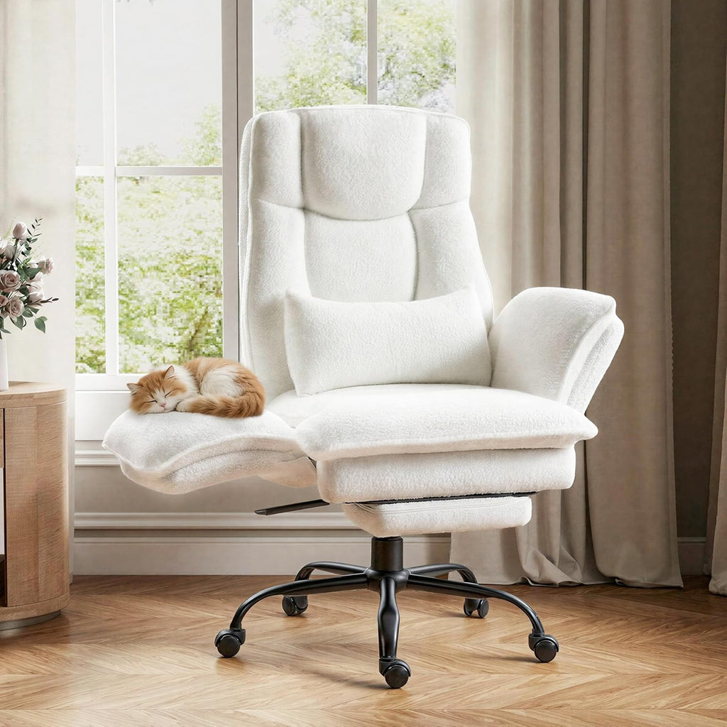Office Chair,Big and Tall Heavy-Duty Executive Reclining Computer Gaming Chair with Footrest,Flip Armrests,Lumbar Pillow&Thicken Wider Seat for Criss Cross Legged Desk Vanity Chair,Teddy Fabric White