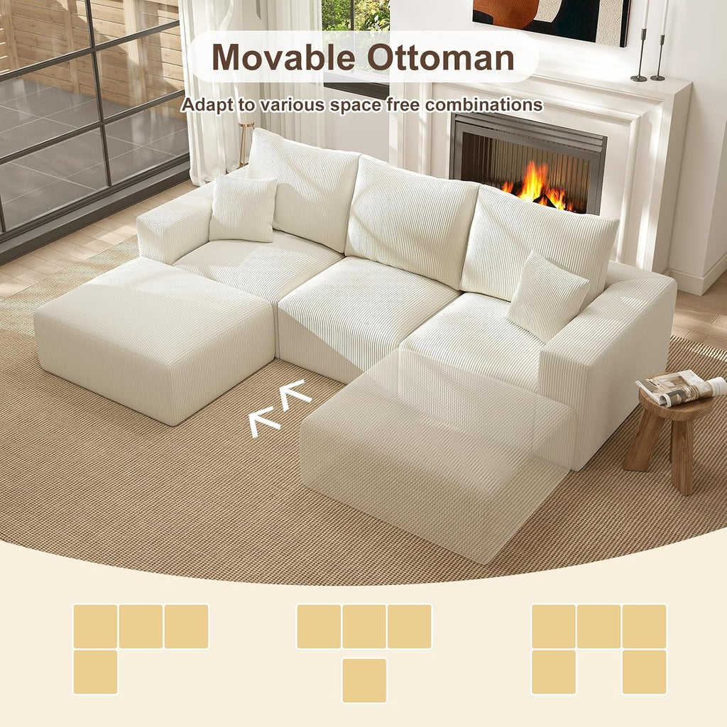 2 Square Cloud Footstool for Living Room, No Assembly Modular Corduroy Convertible Seat, Modern Boneless Style Sofa Accessory for Lounge or Bedroom