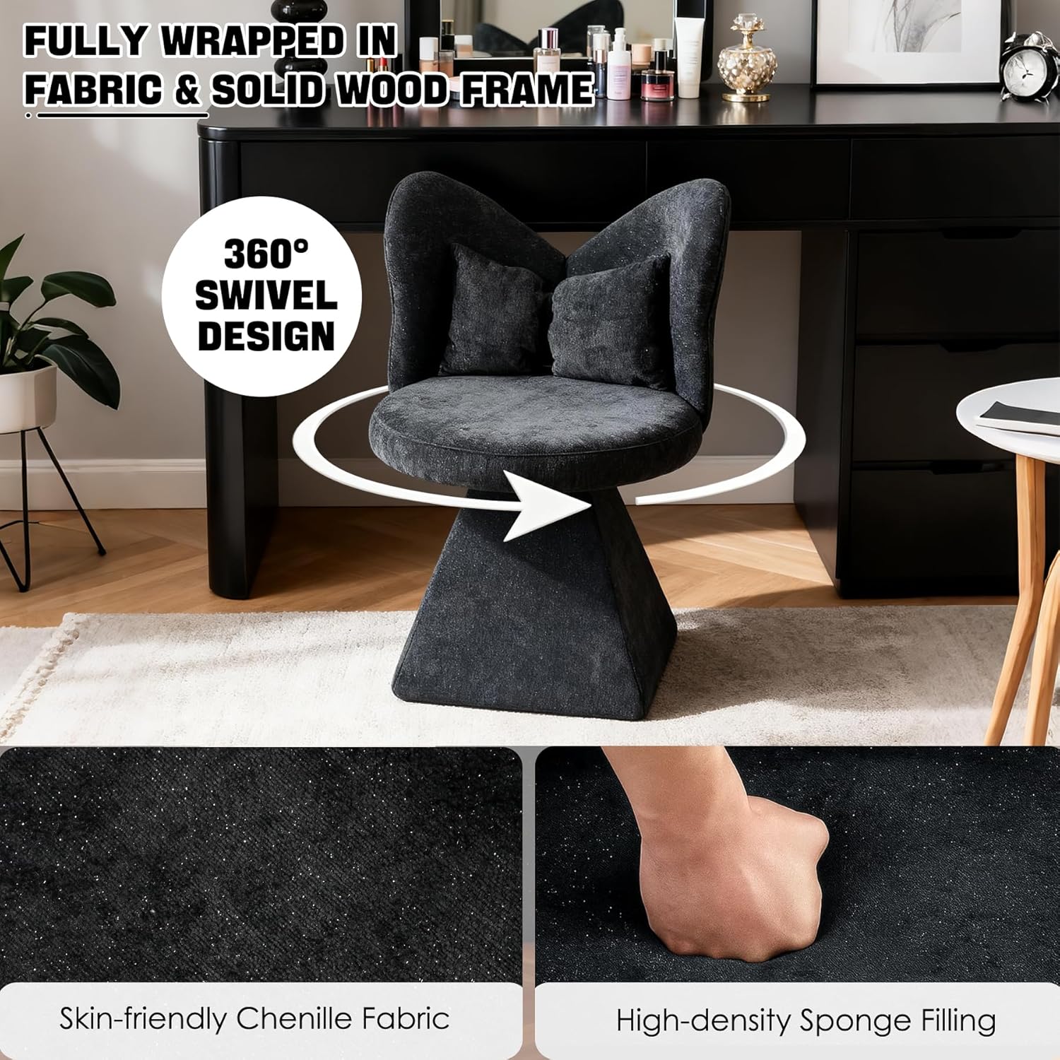 Velvet Swivel Vanity Chair with Butterfly Back, Makeup Stool for Bedroom Dressing Table, Modern Accent Chair for Living Room, Dining Room, Study, Home Office (Black)