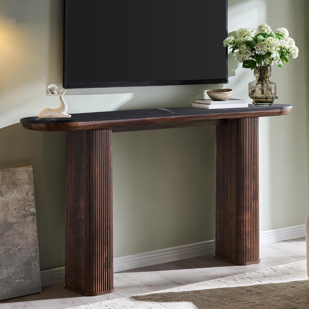 OKD 63 Inch Modern Console Table with Arc Faux Marble Texture Top, Fluted Wood Base, Contemporary Entryway Sofa Table for Living Room, Hallway, Foyer, Dark Walnut