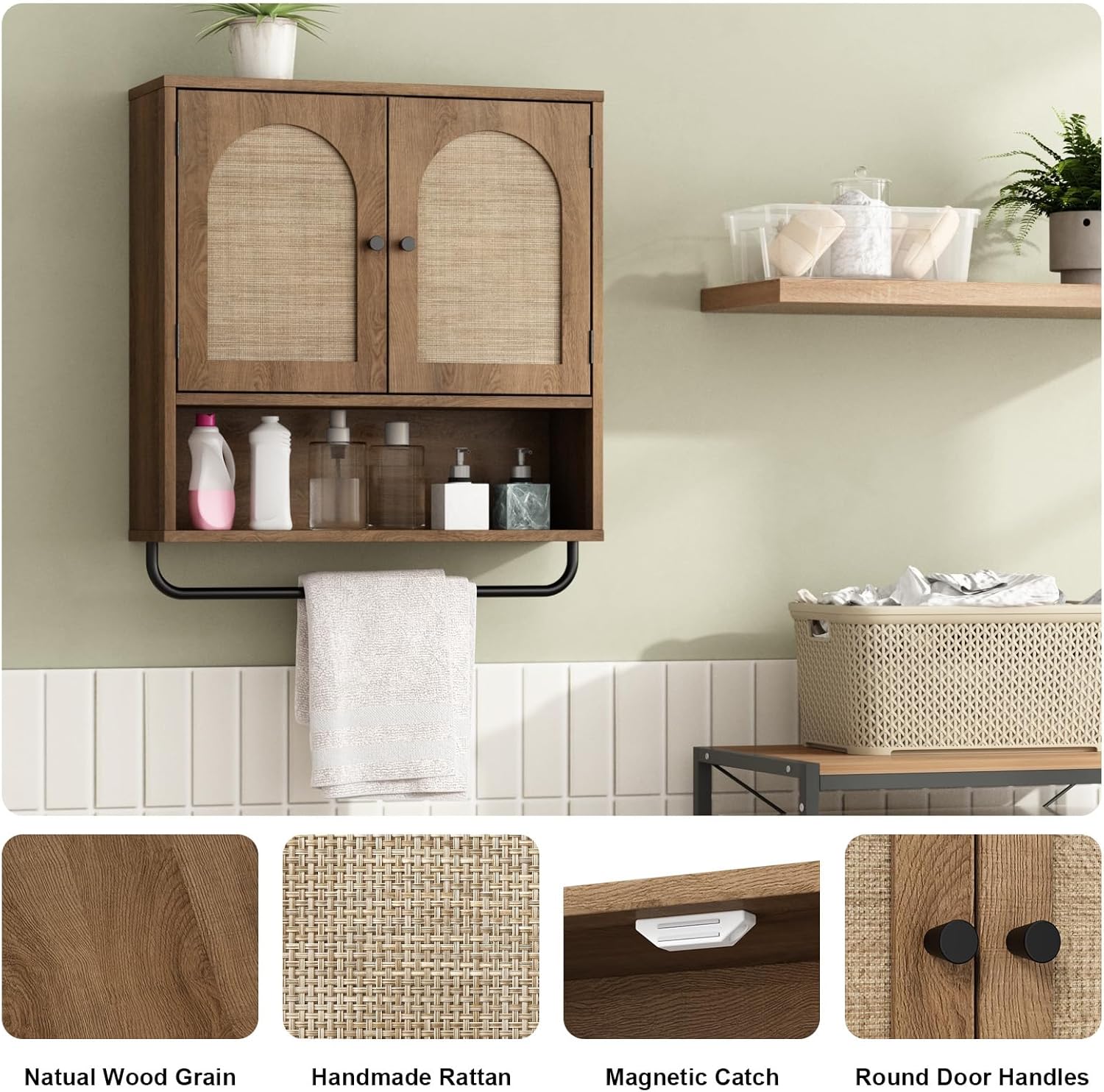 RUSTOWN Rattan Bathroom Wall Cabinet, Boho Medicine Cabinet with 2 Arched Doors, Farmhouse Over the Toilet Storage Cabinets with Adjustable Shelves & Towel Bar, 3-Tier Wall Mounted Cabinets