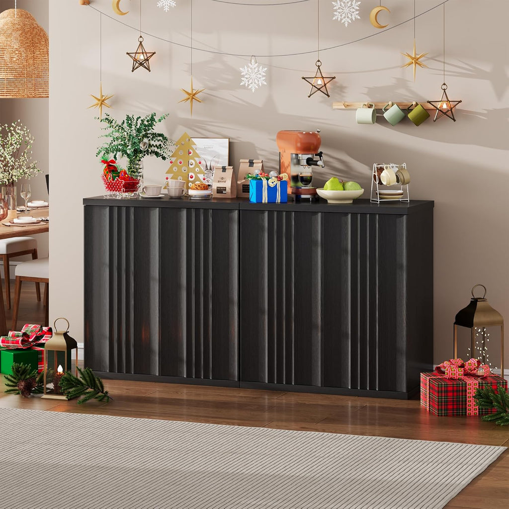 TAGELIER Fluted Buffet Cabinet with Storage, 31.5" Sideboard with Adjustable Shelves, Coffee Bar with Press-Spring Doors, Wooden Buffet Table for Kitchen, Entryway, Living Room, Black