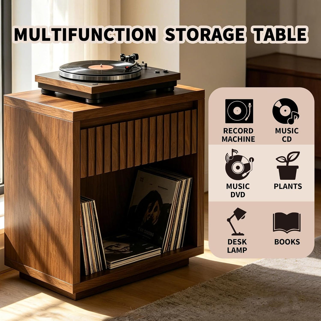 Record Player Stand, Vinyl Record Player Stand Holds Up to 170 Albums with Drawer and Storage Shelf, Turntable Stand for Living Room, Walnut