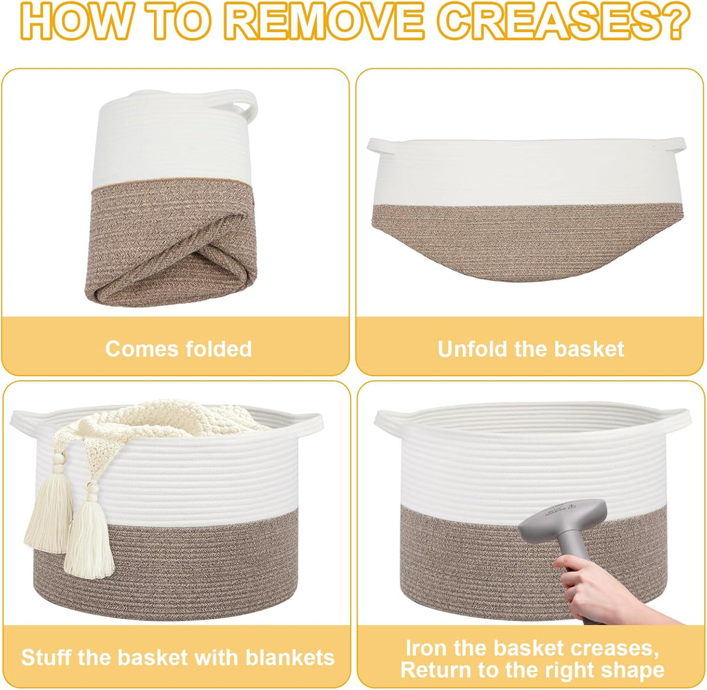 Large Laundry Basket 22''x14''Woven Cotton Rope Baby Blanket Basket for Living Room Girl Laundry Hamper Toy storage Baby basket Nursery Hamper Storage Bin (White+Brown)