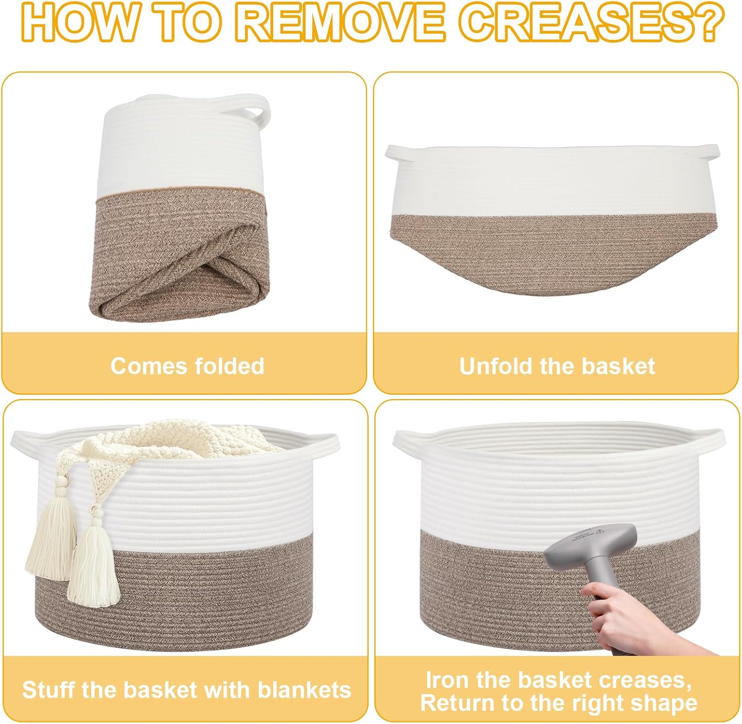 Large Laundry Basket 22''x14''Woven Cotton Rope Baby Blanket Basket for Living Room Girl Laundry Hamper Toy storage Baby basket Nursery Hamper Storage Bin (White+Brown)