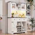 71" White Oak Coffee Bar Cabinet with Internal Storage Rack, Farmhouse Large Kitchen Hutch with Hutch Wine Glasses Rack, 3 Drawers, Sliding Door, Power Outlet, Buffet Storage Table, Cafe