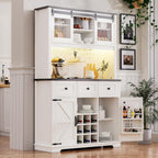 71" White Oak Coffee Bar Cabinet with Internal Storage Rack, Farmhouse Large Kitchen Hutch with Hutch Wine Glasses Rack, 3 Drawers, Sliding Door, Power Outlet, Buffet Storage Table, Cafe