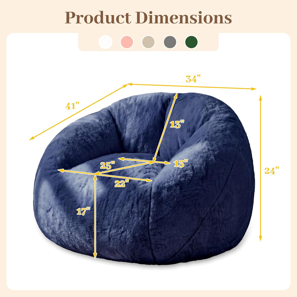 Big Bean Bag Chairs for Adults, Comfy Faux Fur Giant Bean Bag Chair | Fluffy Bean Bags with Back Support & Foam Filled, Reading Beanbag Chair for Living Room Bedroom, Apartment, Dark Blue