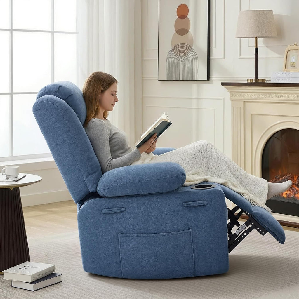 Swivel Rocker Recliner Chair, Manual Recliner Single Sofa with Cup Holders and Side Pocket, Chenille Fabric, Upholstered Nursery Rocking Chair for Living Room, Bedroom, Blue