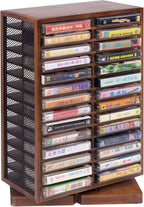 WodGod Cassette Tape Storage Box, Wood Cassette Rack, Wooden Cassette Tape Holder 360-Degree Rotatable, 56 Capacity, Double-Sided & Diamond Metal Wire Mesh, the Ideal Gift for Cassette Collectors